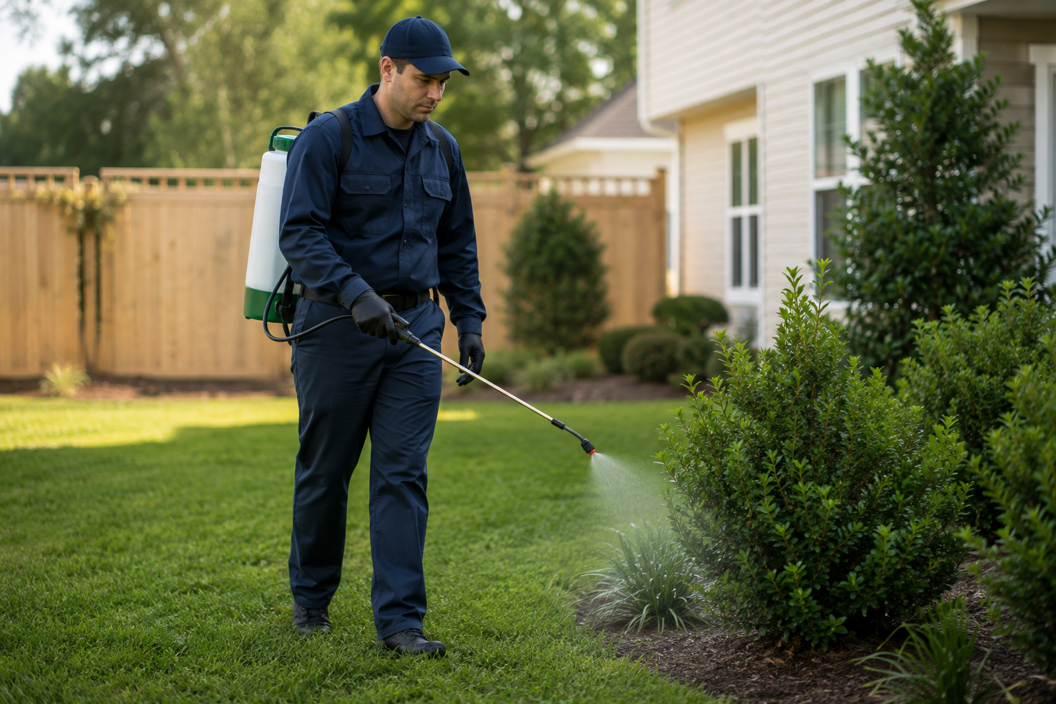 Pest control professional treating a backyard lawn