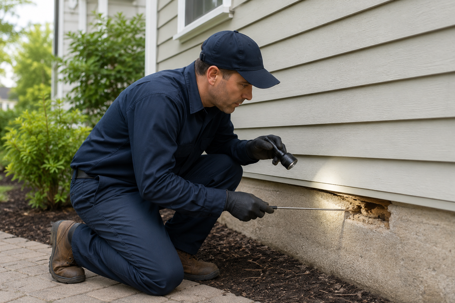 Pest control professional inspecting a home foundation for termite damage
