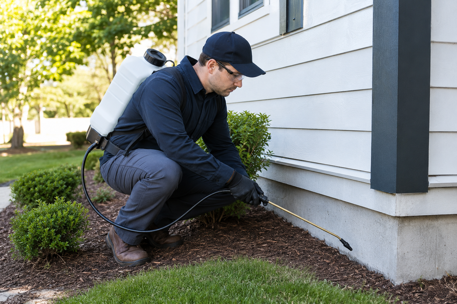 Pest control professional treating a home exterior