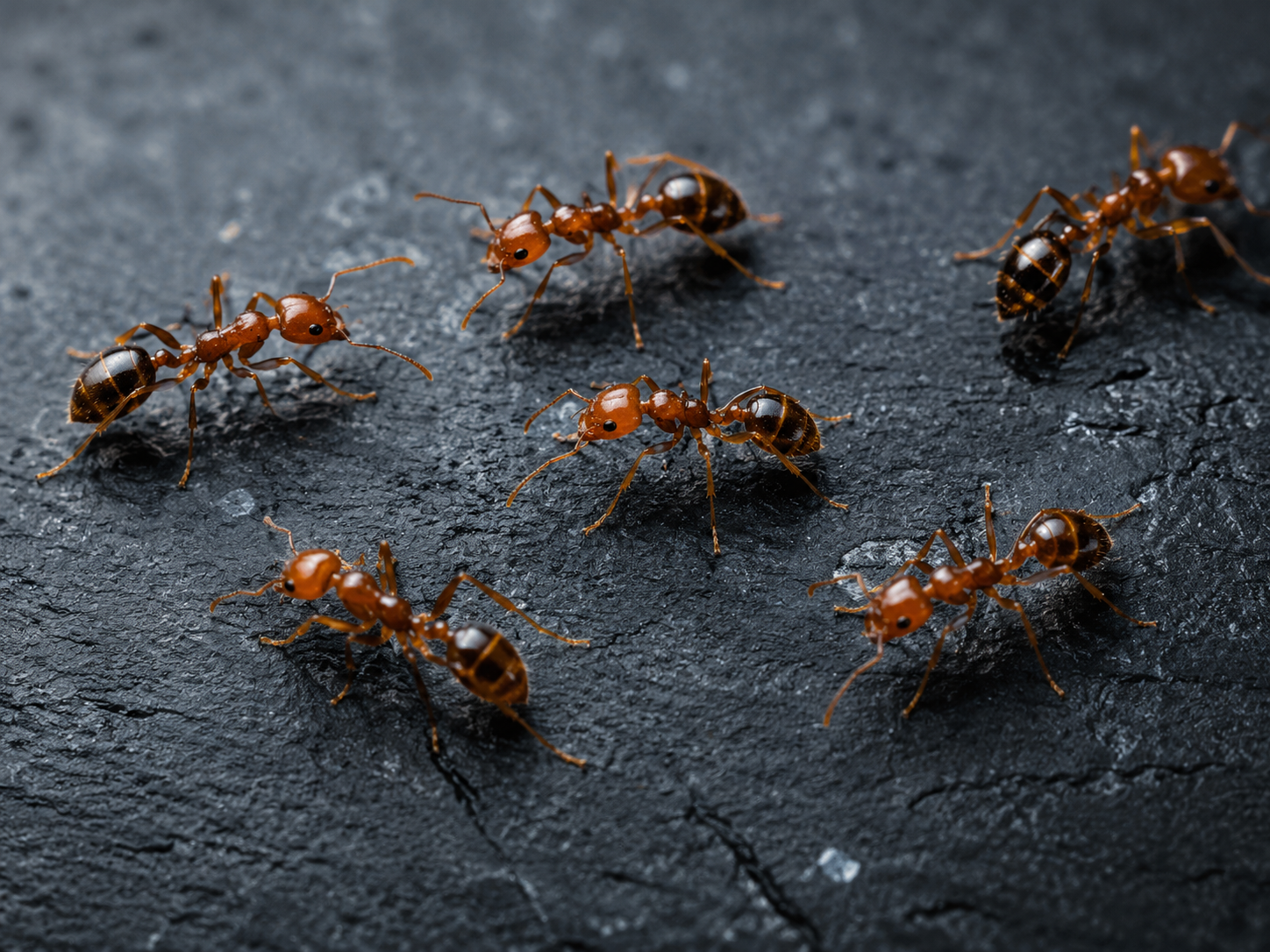 Close-up of several dark ants forming a trail on a countertop surface
