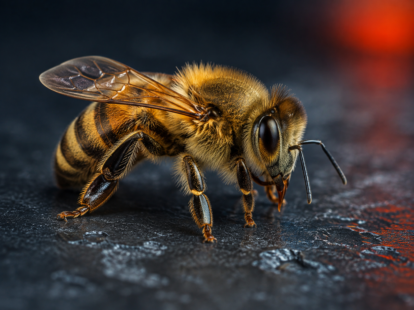 Close-up of a single honeybee on a light concrete surface