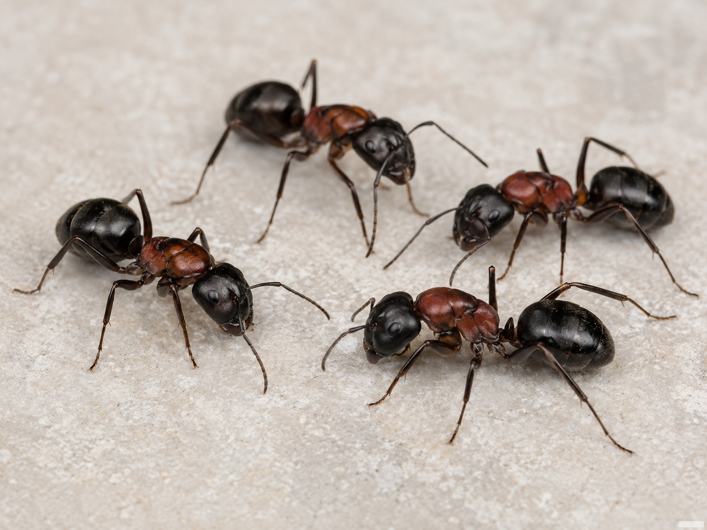 Four large black and reddish-brown carpenter ants close up on a stone surface