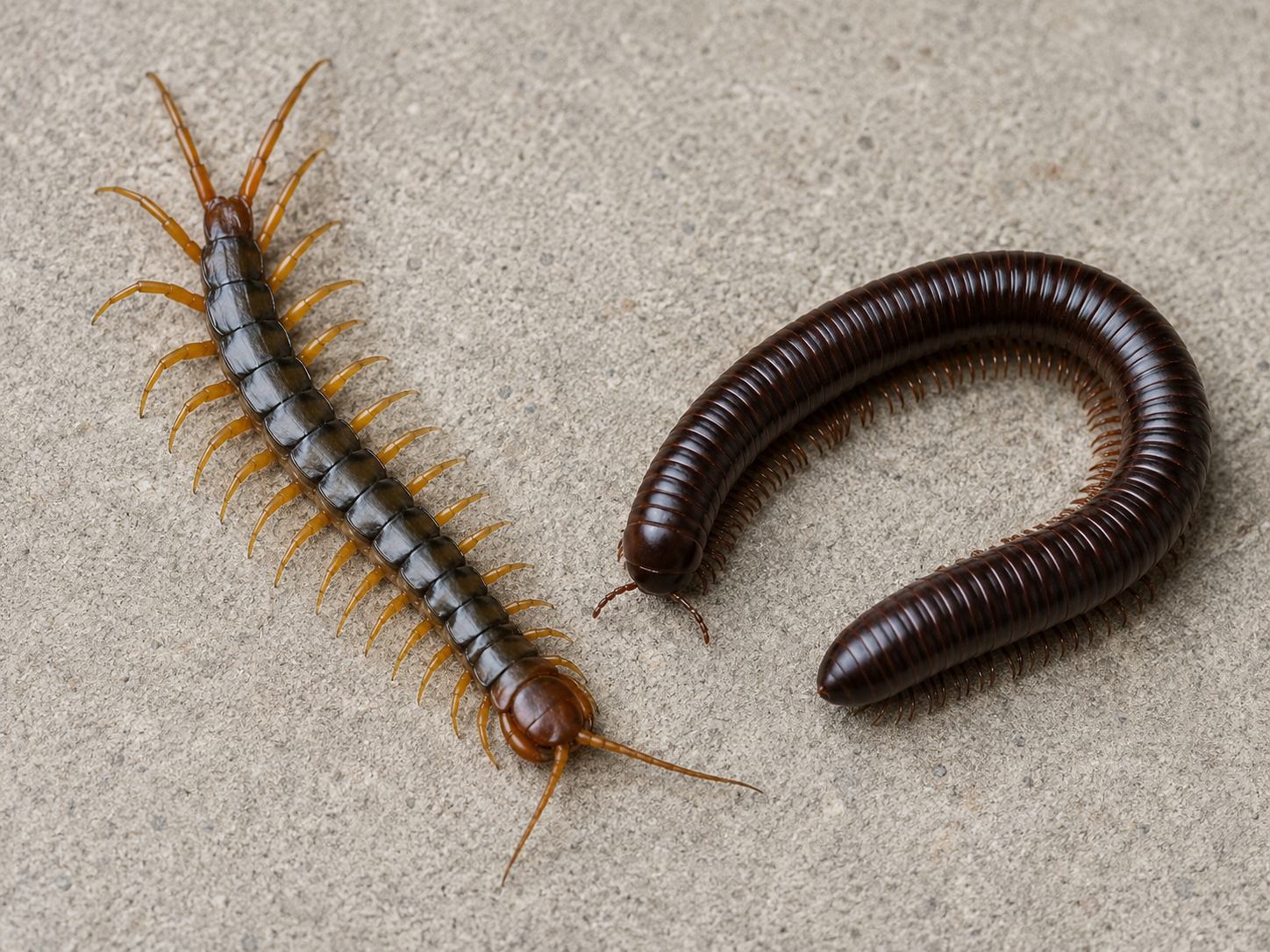 A centipede and a curled millipede side by side on a concrete surface