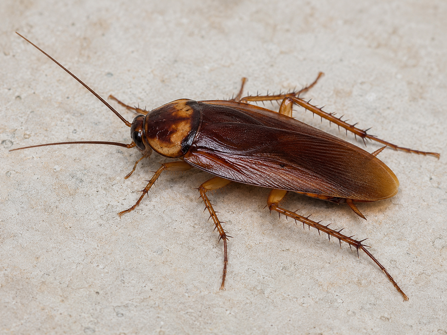 Close-up of a single reddish-brown cockroach on a light concrete surface
