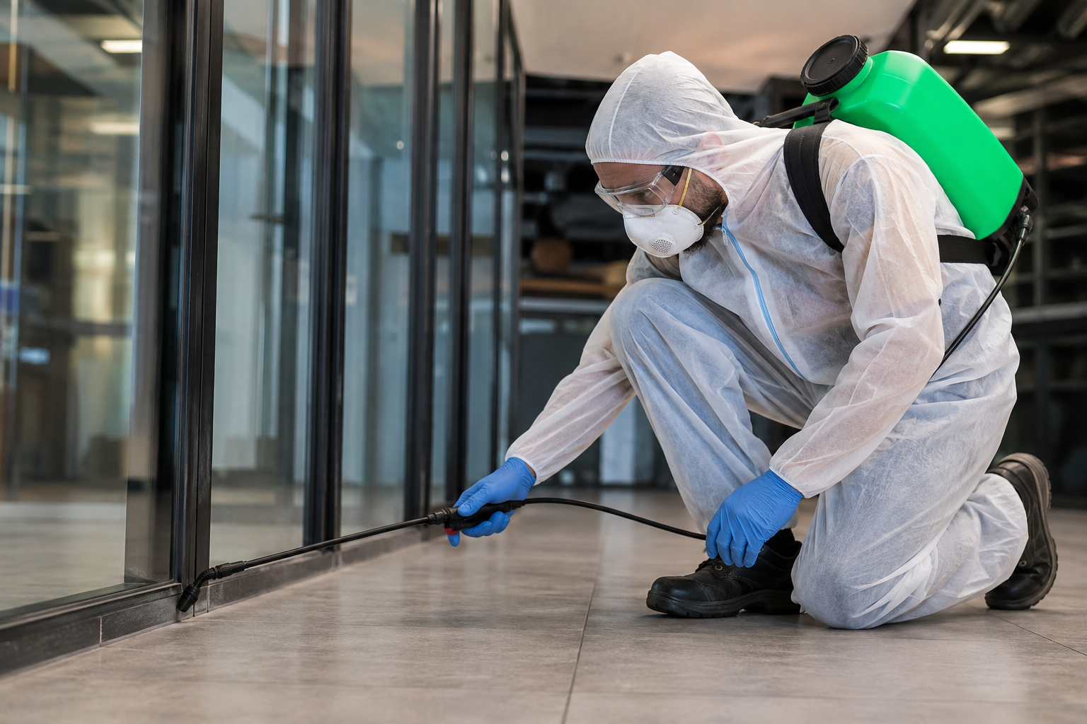 A technician in protective coveralls spraying along a baseboard inside a commercial building