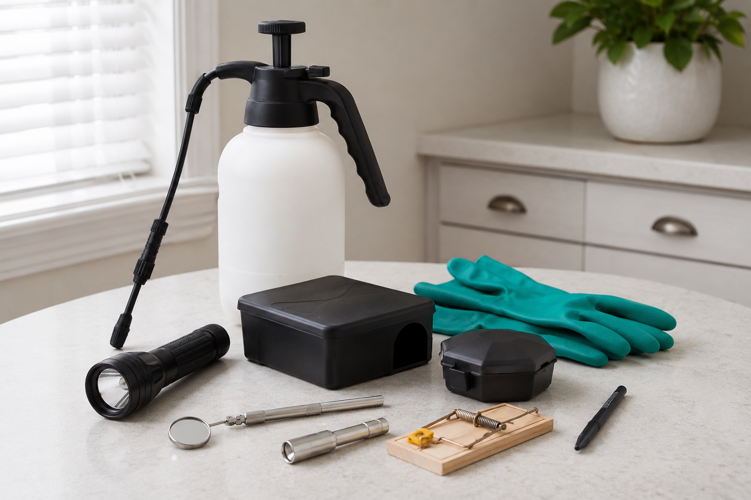 General pest control equipment, including a pump sprayer, rodent bait stations, protective gloves, and inspection tools