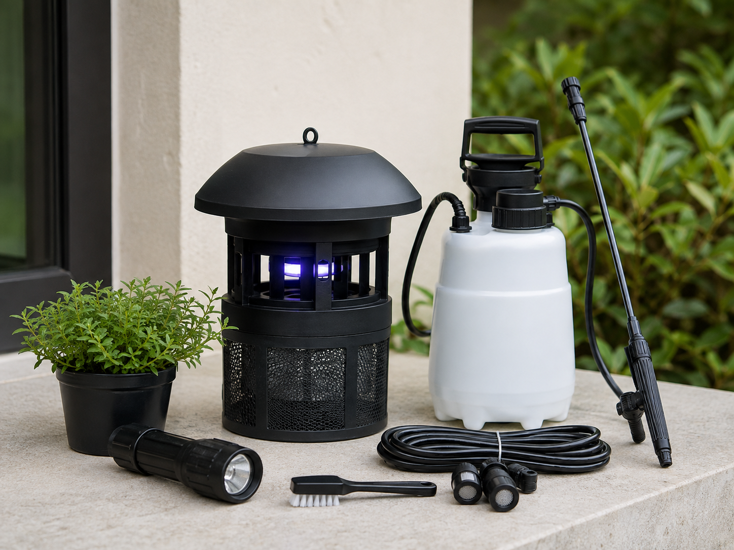 Mosquito trap lantern, pump sprayer, and misting system nozzles set up on an outdoor patio