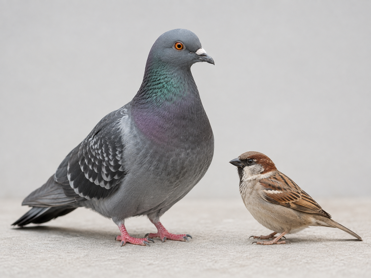 A pigeon and a sparrow standing side by side on a gray surface