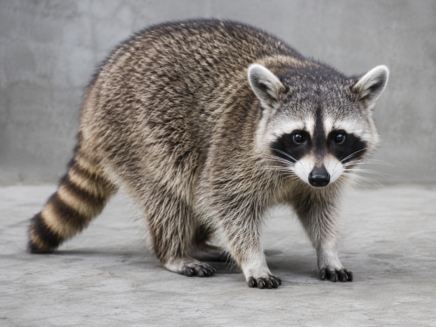A raccoon standing on a concrete surface with its striped tail visible