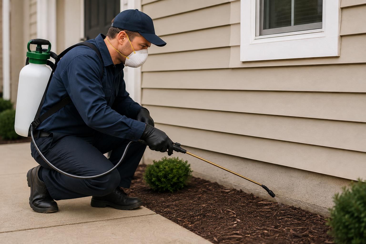 A technician in uniform spraying along the foundation of a house's exterior mulch bed