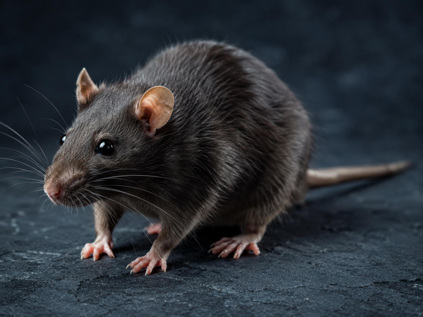 Close-up of a brown rat with long whiskers against a plain gray background
