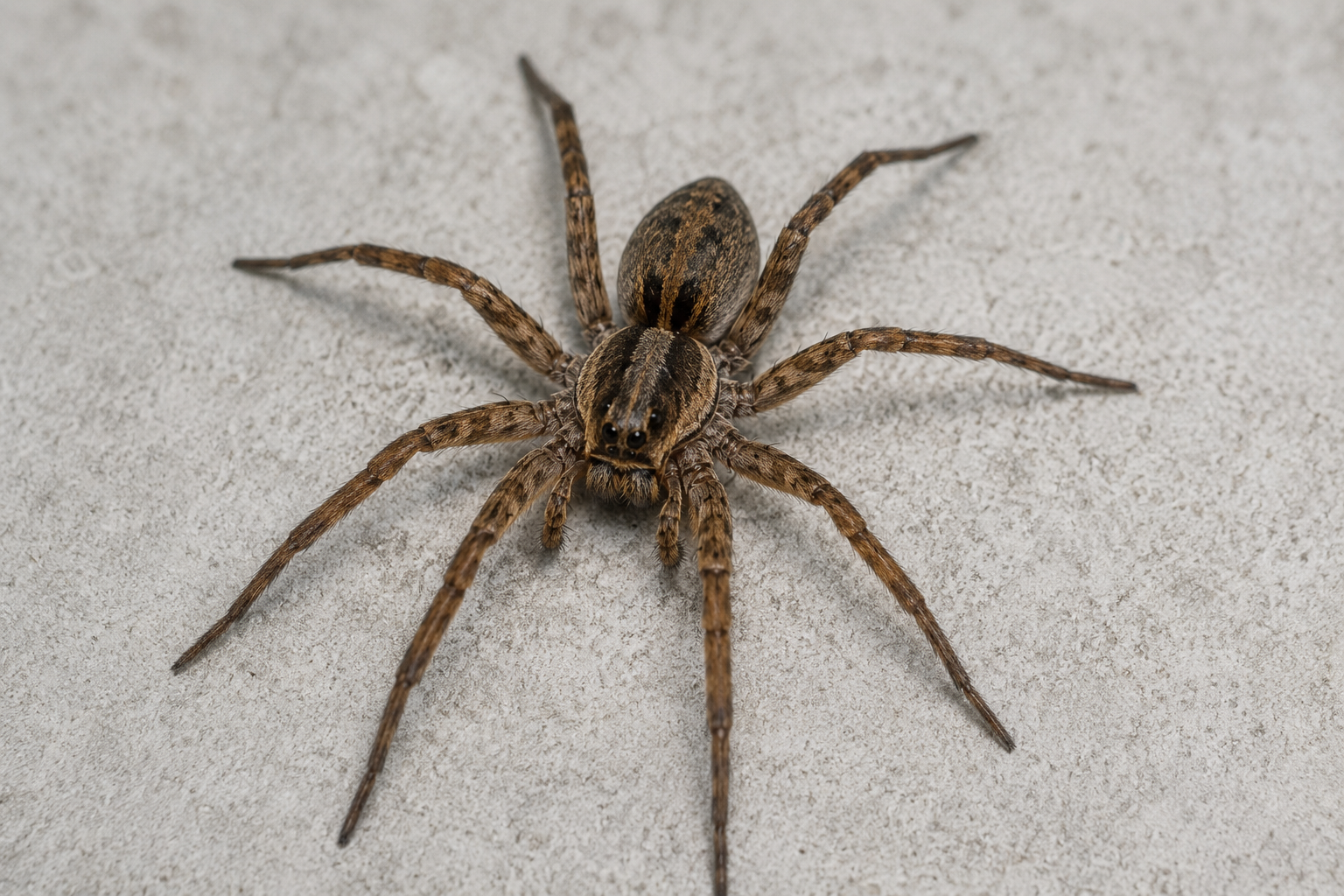Close-up of a large brown spider with long legs on a gray textured surface