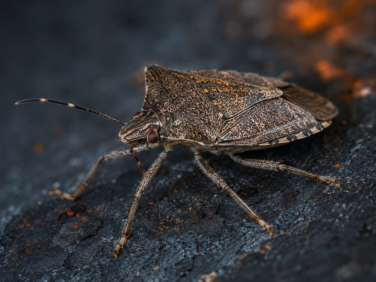 Close-up of a brown marmorated stink bug on a gray surface