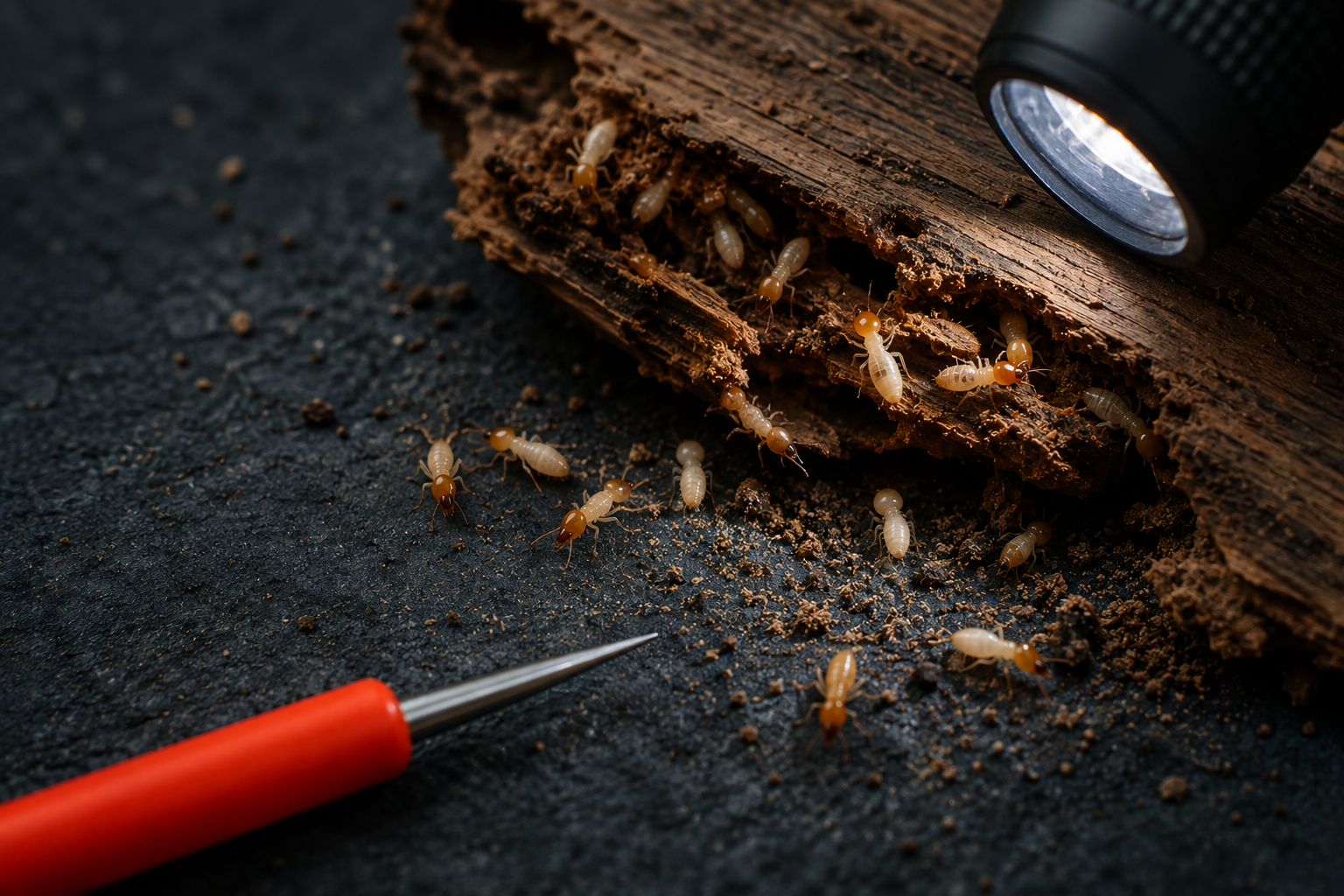 Termite inspection tools including a moisture meter, probe, and damaged wood with visible termites