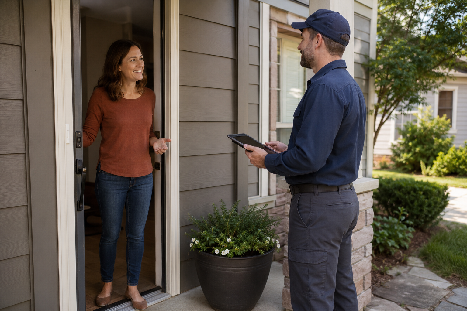 Homeowner speaking with a pest control provider at the front door